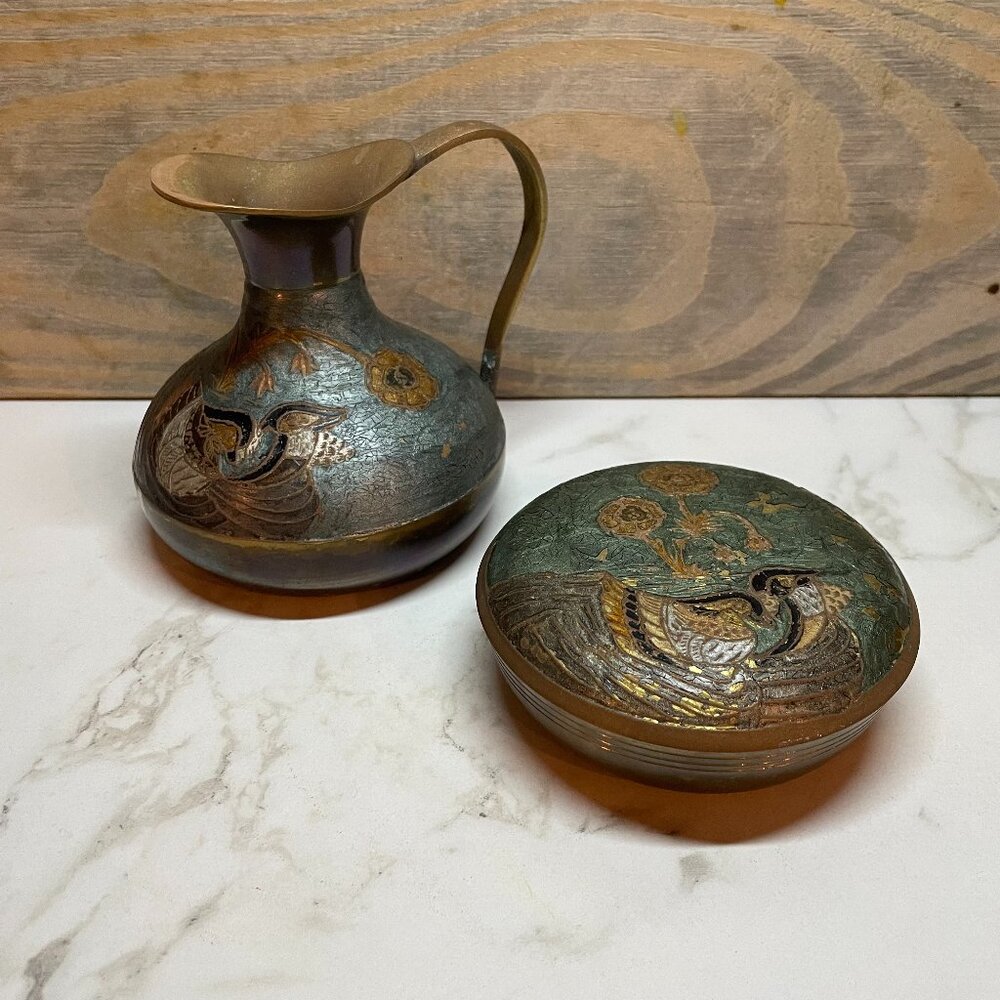 Brass Vase Pitcher with Matching Trinket Dish